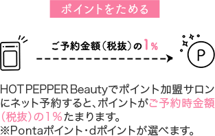 ポイントをためる　HOT PEPPER Beautyでポイント加盟サロンにネット予約すると、ポイントがご予約時金額（税抜）の2%たまります。※Pontaポイント・dポイントが選べます。